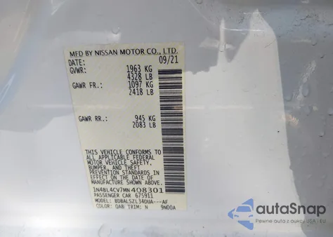 2021 Nissan Altima Sr Fwd z USA, uszkodzony, nr VIN 1N4BL4CV7MN408301